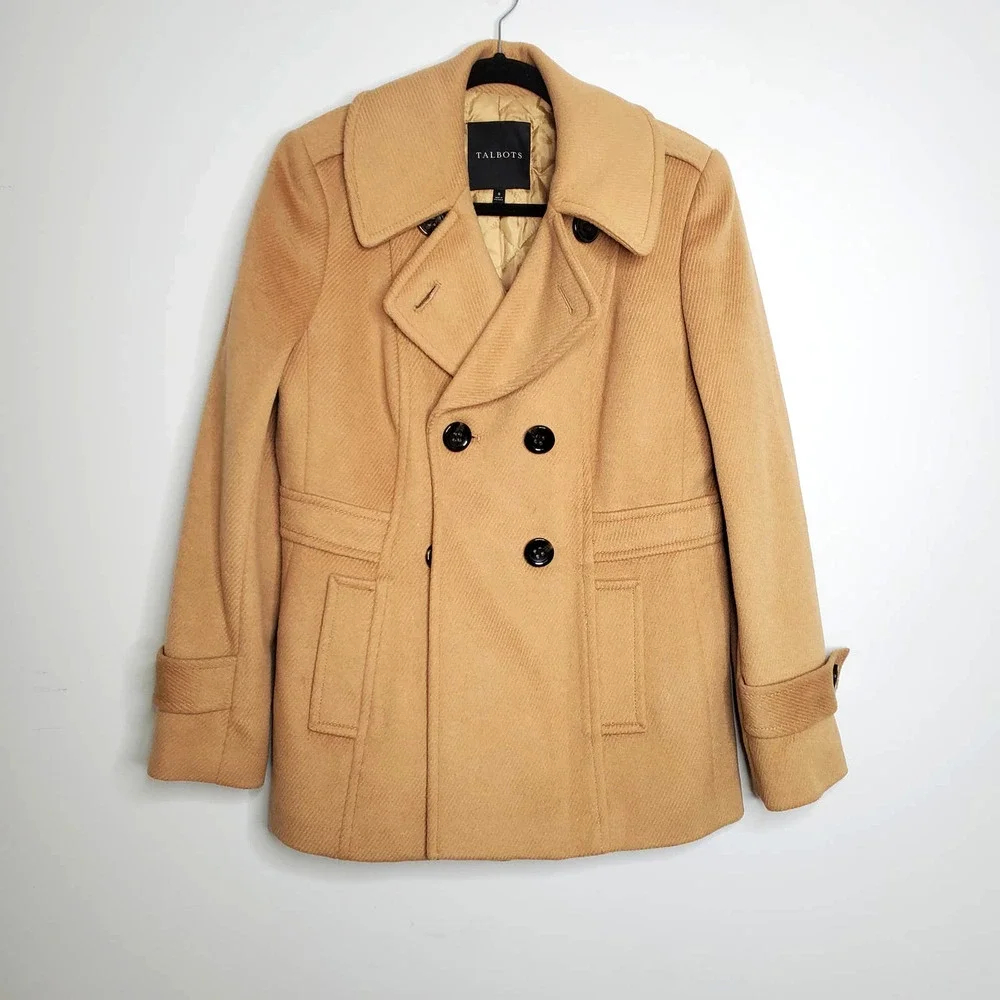 TALBOTS Tan Brown Wool Blend Double Breasted Long Sleeve Coat Jacket Sz 8 - Picture 1 of 6